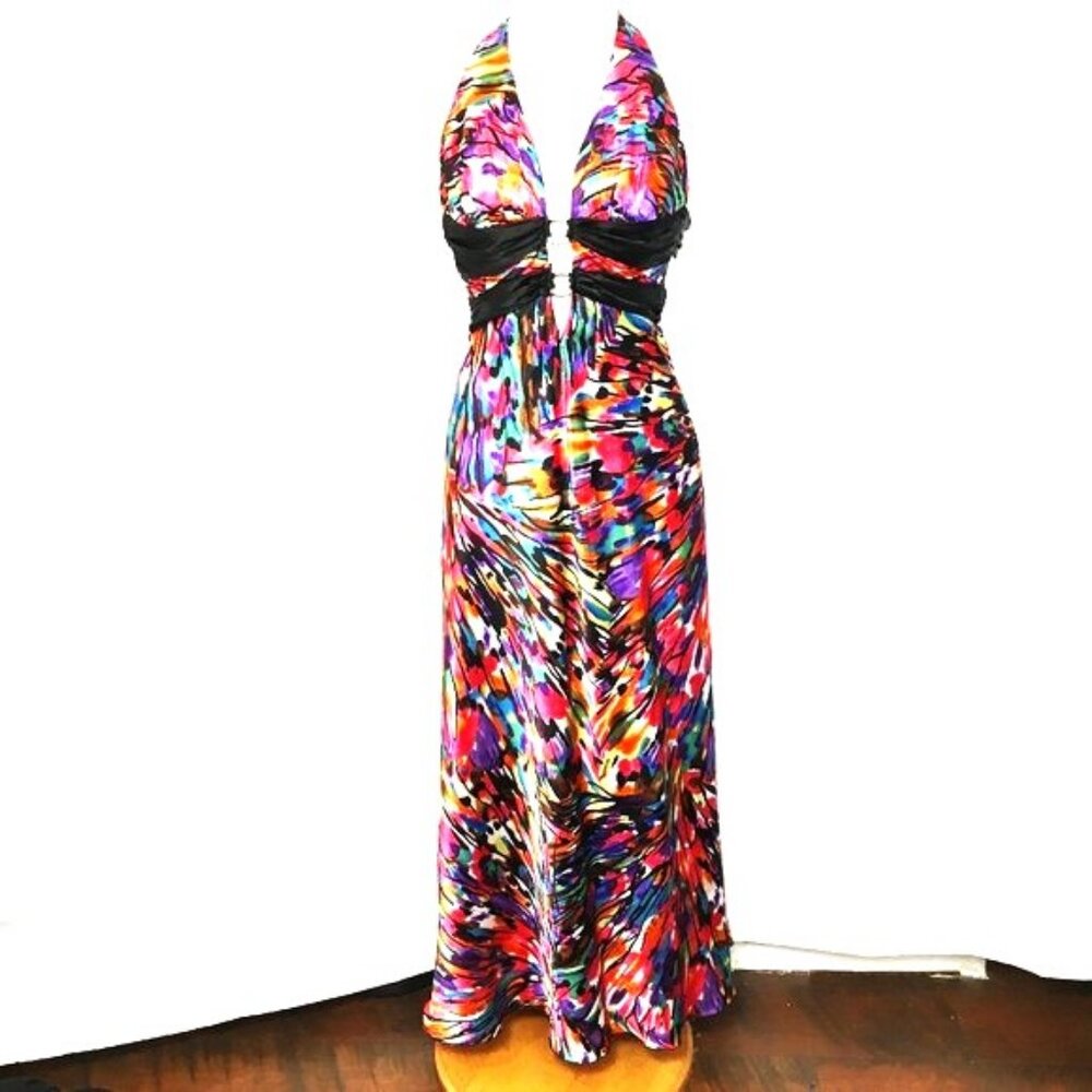 * Beata Studio Los Angeles Halter water colored Jeweled  Maxi Dress Sz 9